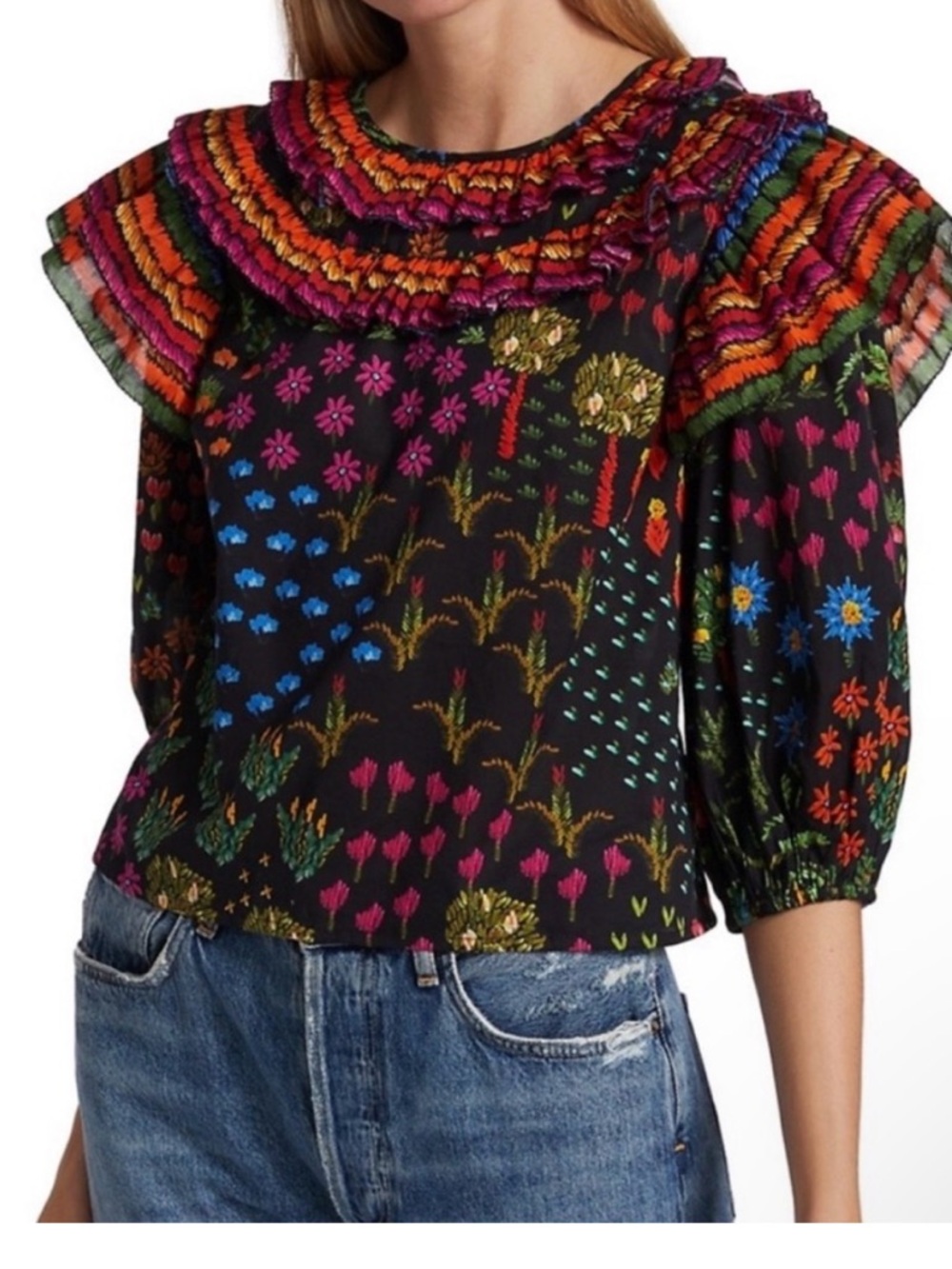 Farm Rio Fruit Garden Ruffle Sleeve Blouse Large